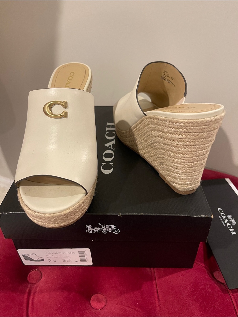Coach Gloria Ivory Leather Espadrille Wedge Slide with Gold 'C' Accent - Picture 1 of 5